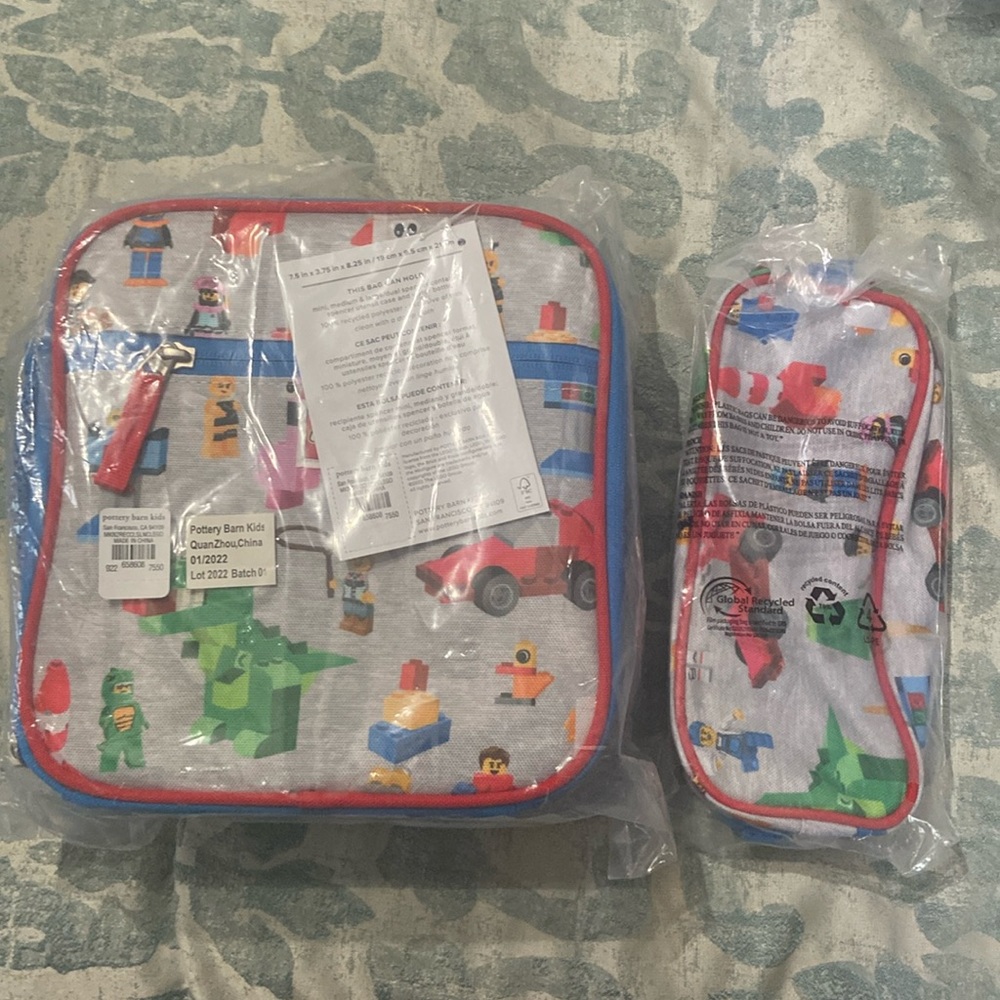 NWT pottery barn lego lunchbox and pencil bag